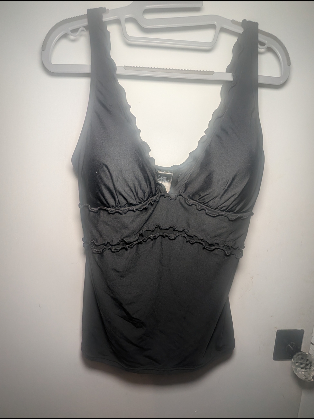 DKNY Black Ruffle-Trim Swim Tankini Top with Metal Logo